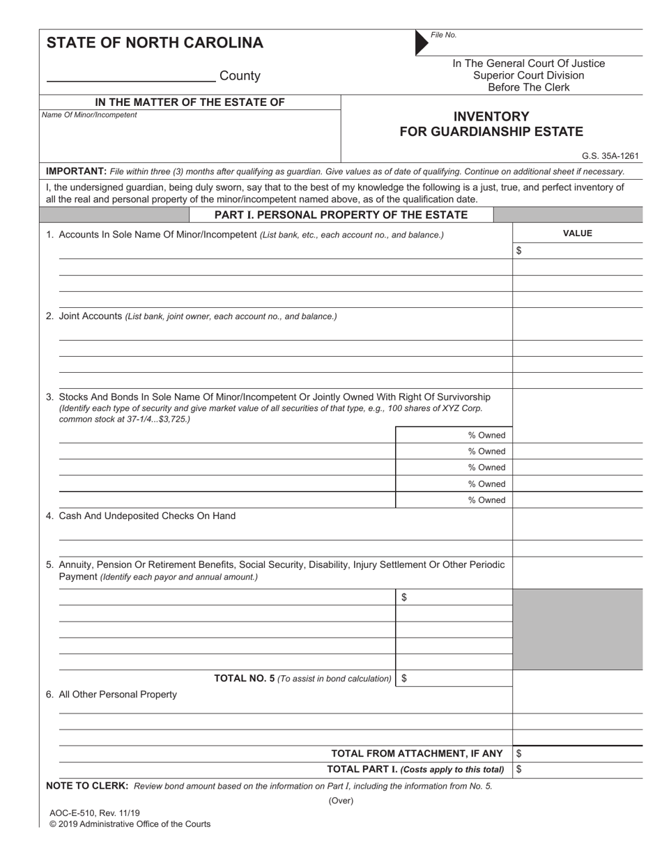 Form AOC-E-510 Inventory for Guardianship Estate - North Carolina, Page 1