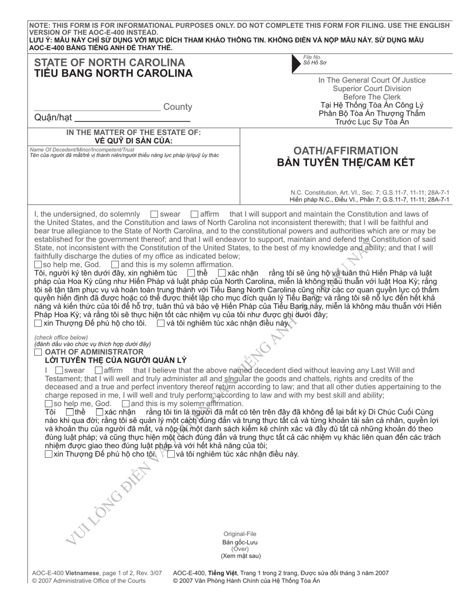 Form AOC-E-400 Oath / Affirmation - North Carolina (English / Vietnamese), Page 1