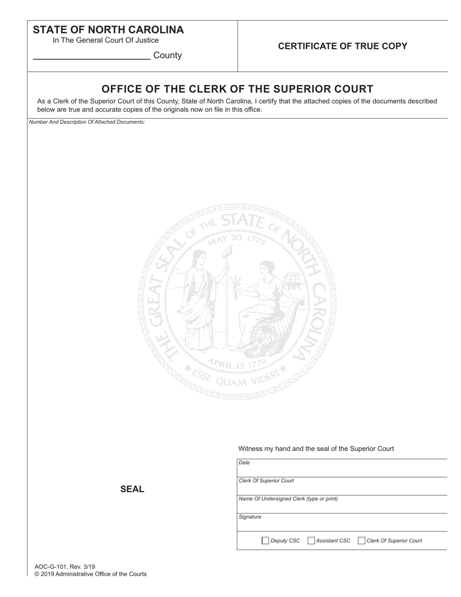 Form AOC-G-101 Certificate of True Copy - North Carolina, Page 1