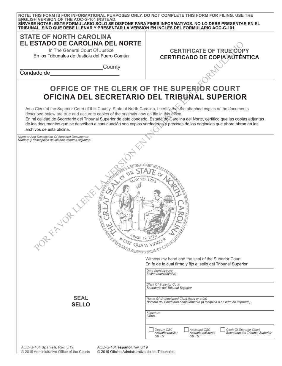 Form AOC-G-101 Certificate of True Copy - North Carolina (English / Spanish), Page 1