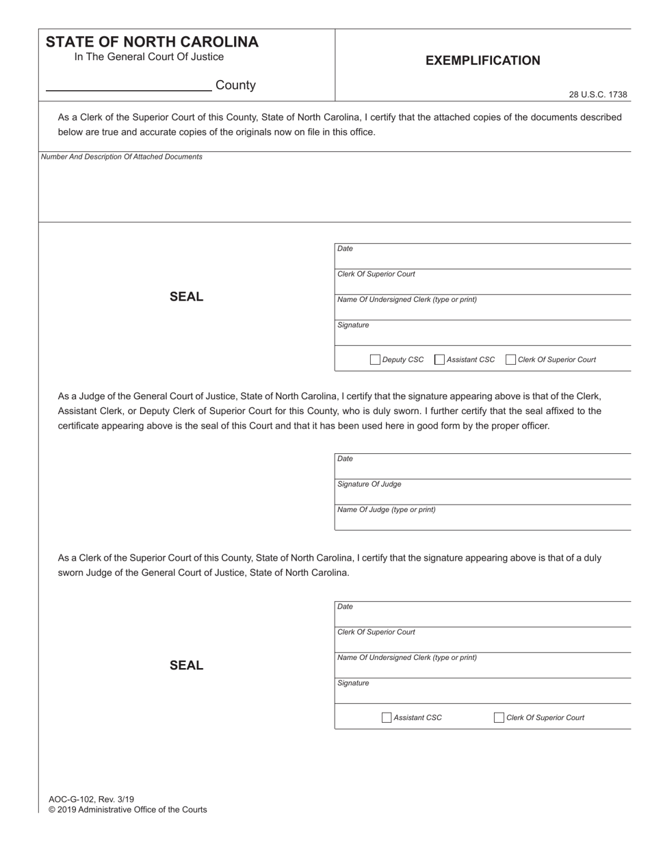 Form AOC-G-102 Exemplification - North Carolina, Page 1