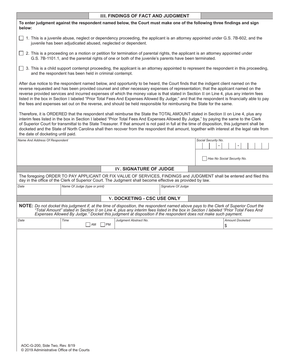 Form AOC-G-200 Civil Case Trial Level Fee Application Order for Payment Judgment Against Parent / Guardian - North Carolina, Page 2
