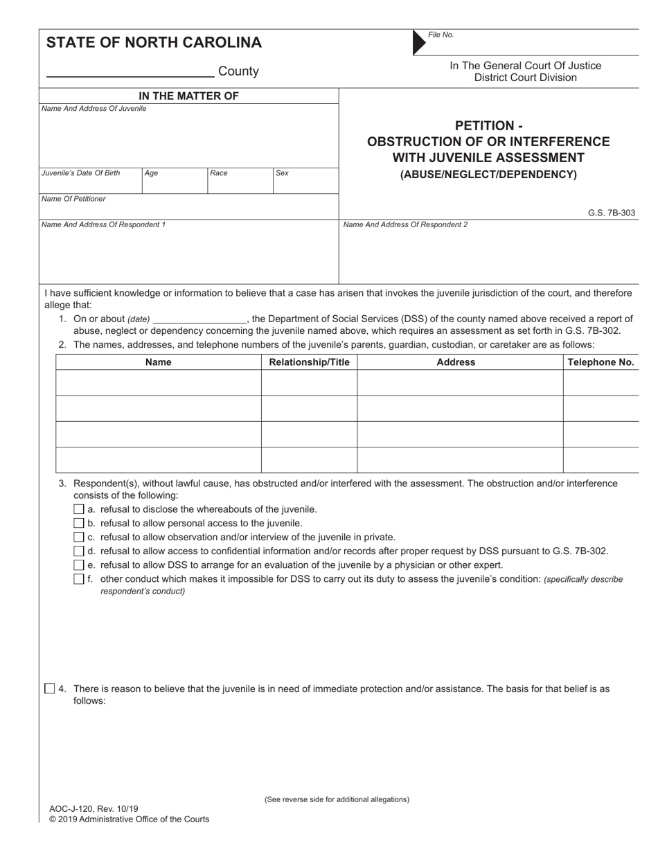 Form AOC-J-120 Petition - Obstruction of or Interference With Juvenile Assessment (Abuse / Neglect / Dependency) - North Carolina, Page 1