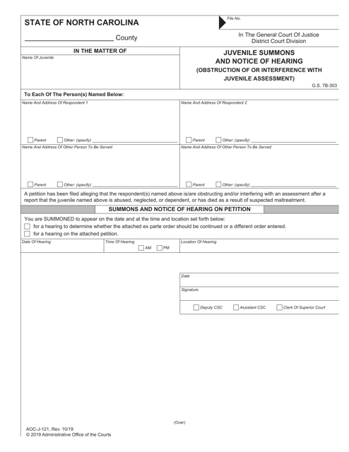 Form AOC-J-121 Juvenile Summons and Notice of Hearing (Obstruction of or Interference With Juvenile Assessment) - North Carolina