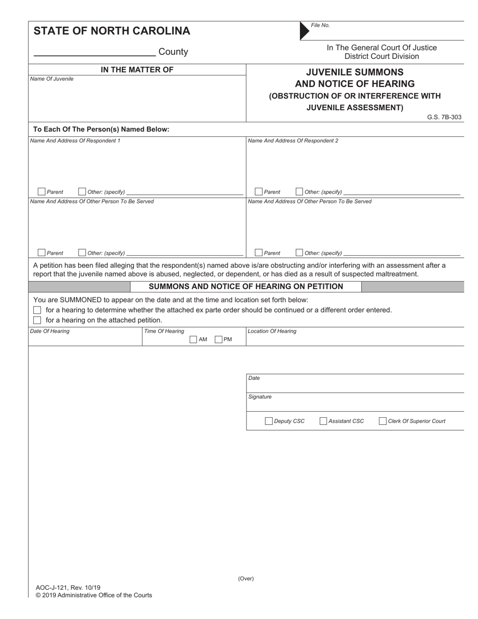 Form AOC-J-121 Juvenile Summons and Notice of Hearing (Obstruction of or Interference With Juvenile Assessment) - North Carolina, Page 1