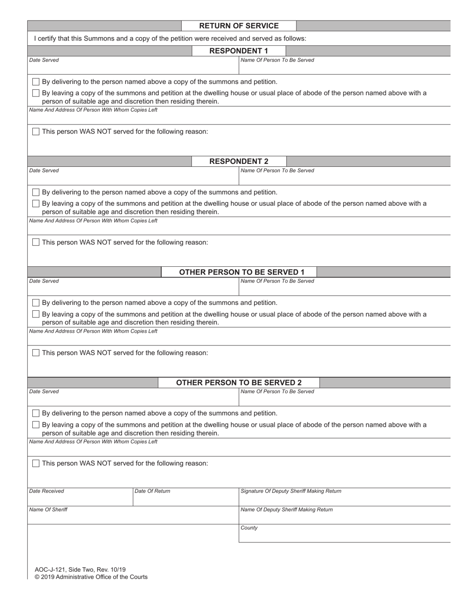 Form AOC-J-121 Juvenile Summons and Notice of Hearing (Obstruction of or Interference With Juvenile Assessment) - North Carolina, Page 2