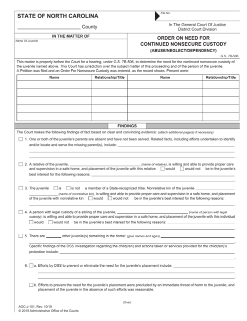 Form AOC-J-151 Order on Need for Continued Nonsecure Custody (Abuse/Neglect/Dependency) - North Carolina