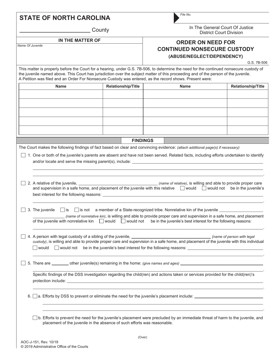 Form AOC-J-151 Order on Need for Continued Nonsecure Custody (Abuse / Neglect / Dependency) - North Carolina, Page 1