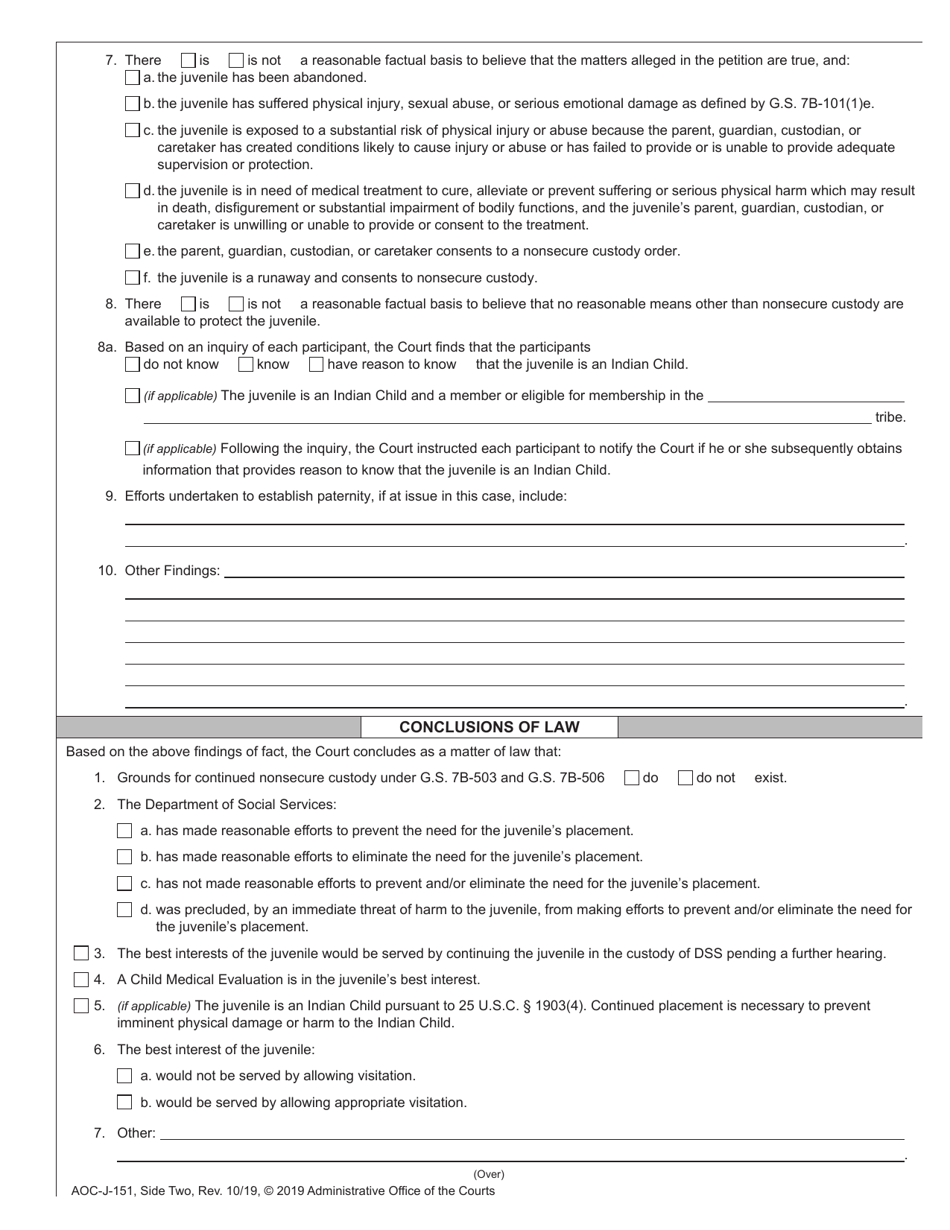 Form AOC-J-151 Order on Need for Continued Nonsecure Custody (Abuse / Neglect / Dependency) - North Carolina, Page 2