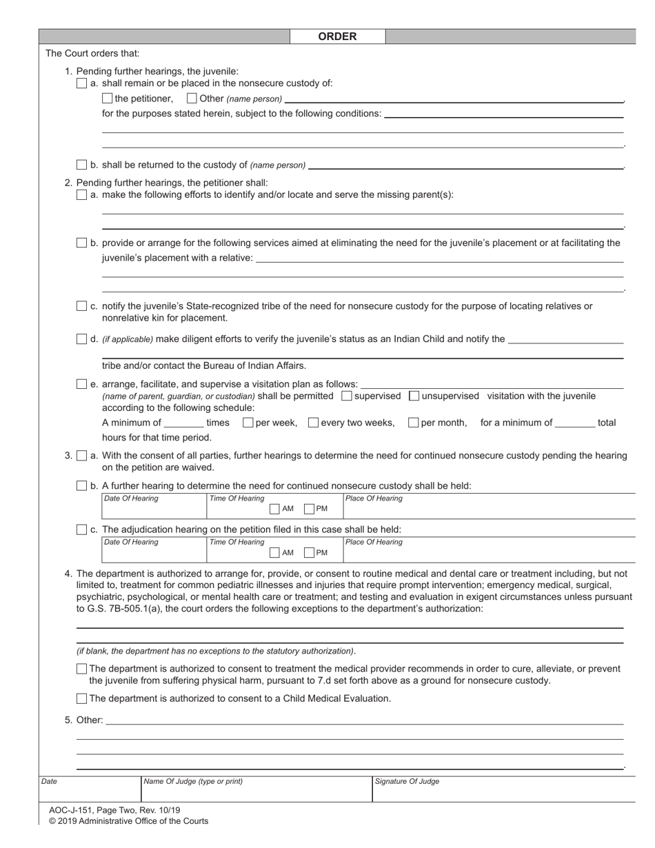 Form AOC-J-151 Order on Need for Continued Nonsecure Custody (Abuse / Neglect / Dependency) - North Carolina, Page 3