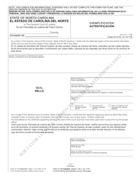 Form AOC-G-102 Exemplification - North Carolina (English/Spanish)