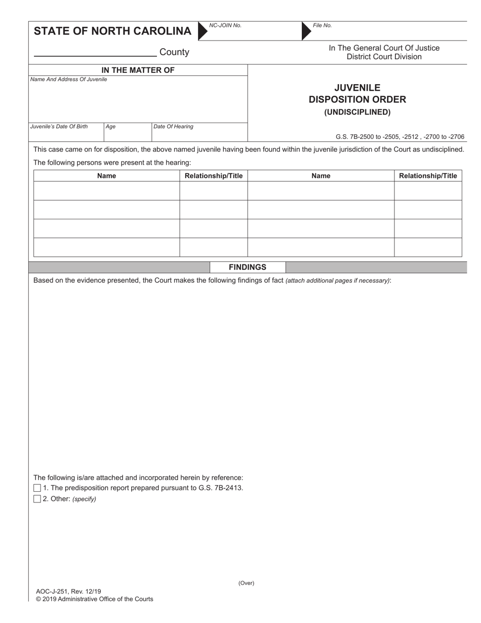 Form AOC-J-251 Juvenile Disposition Order (Undisciplined) - North Carolina, Page 1