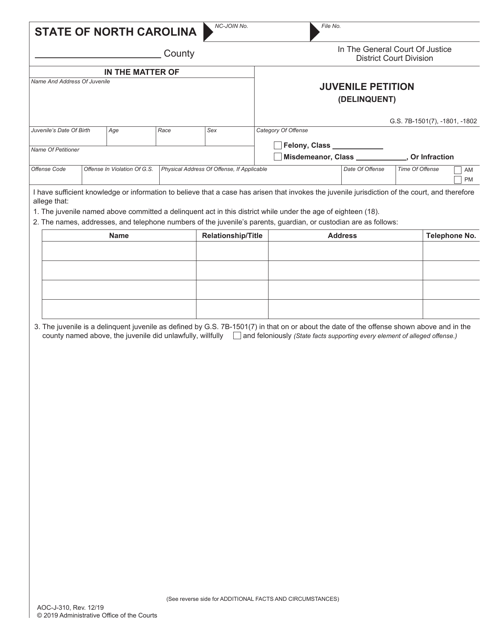 Form AOC-J-310 Juvenile Petition (Delinquent) - North Carolina