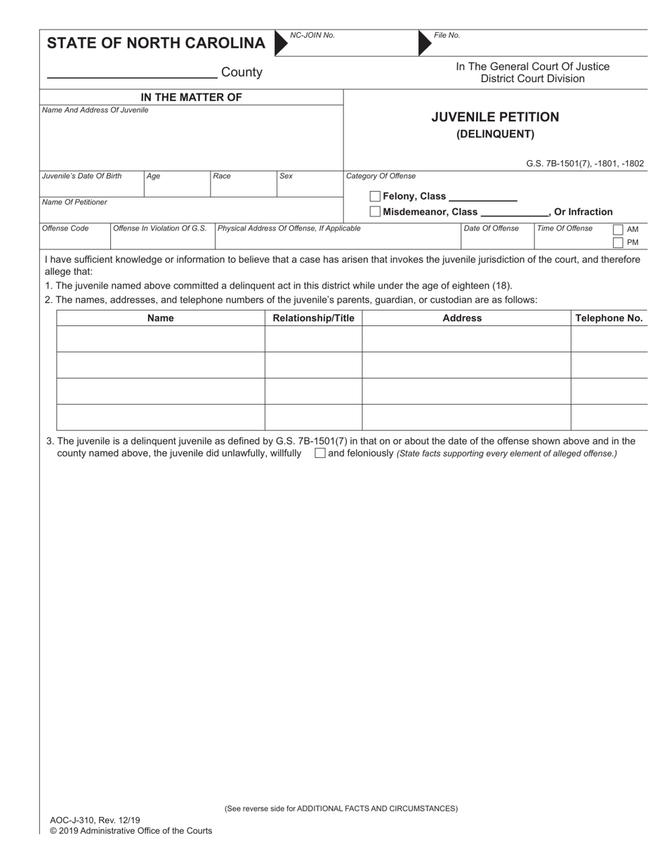 Form AOC-J-310 Juvenile Petition (Delinquent) - North Carolina, Page 1