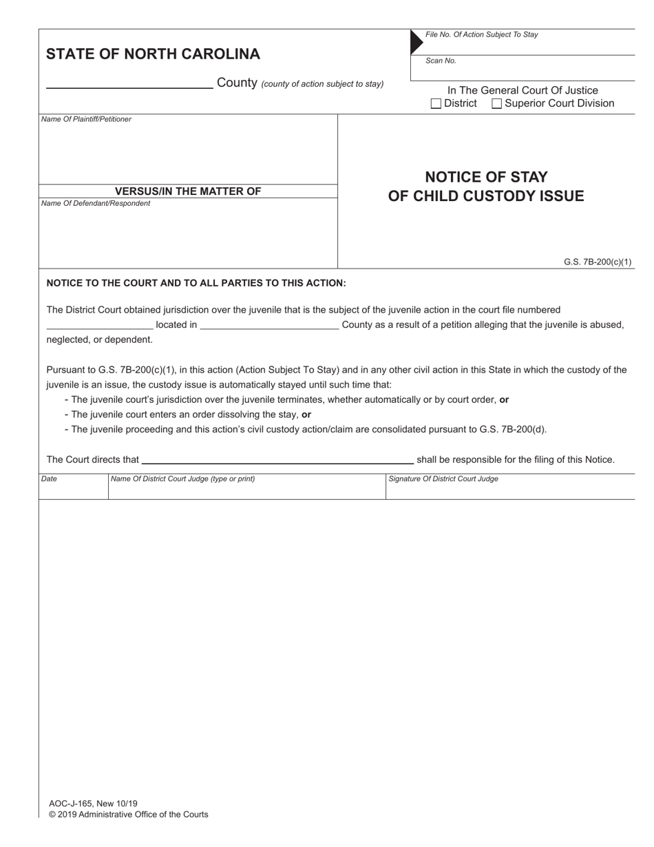 Form AOC-J-165 Notice of Stay of Child Custody Issue - North Carolina, Page 1