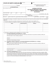 Form AOC-J-313 Juvenile Petition Felonious Breaking and Entering and Felonious Larceny (Delinquent) - North Carolina
