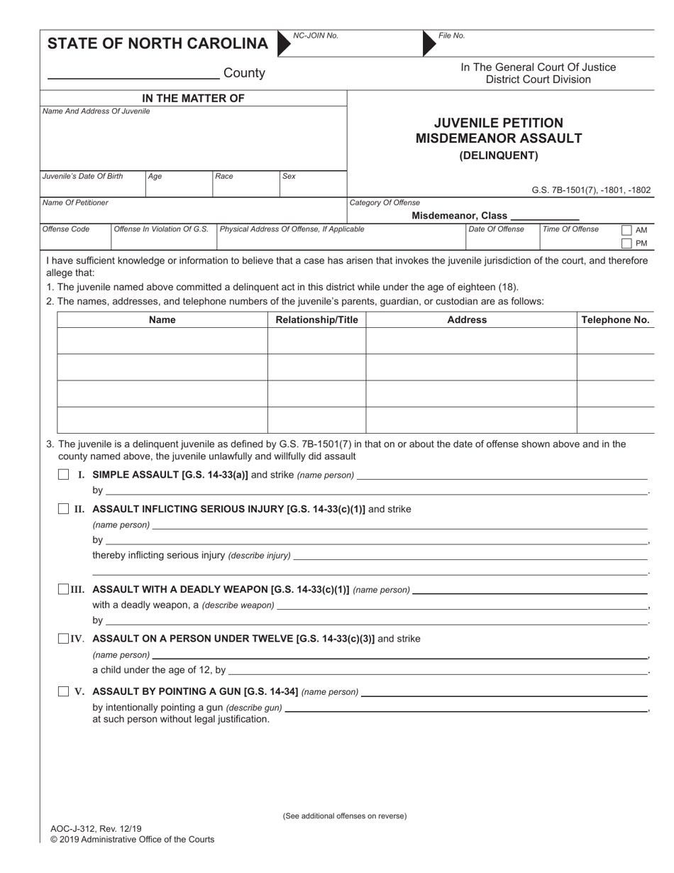 Form AOC-J-312 Juvenile Petition Misdemeanor Assault (Delinquent) - North Carolina, Page 1
