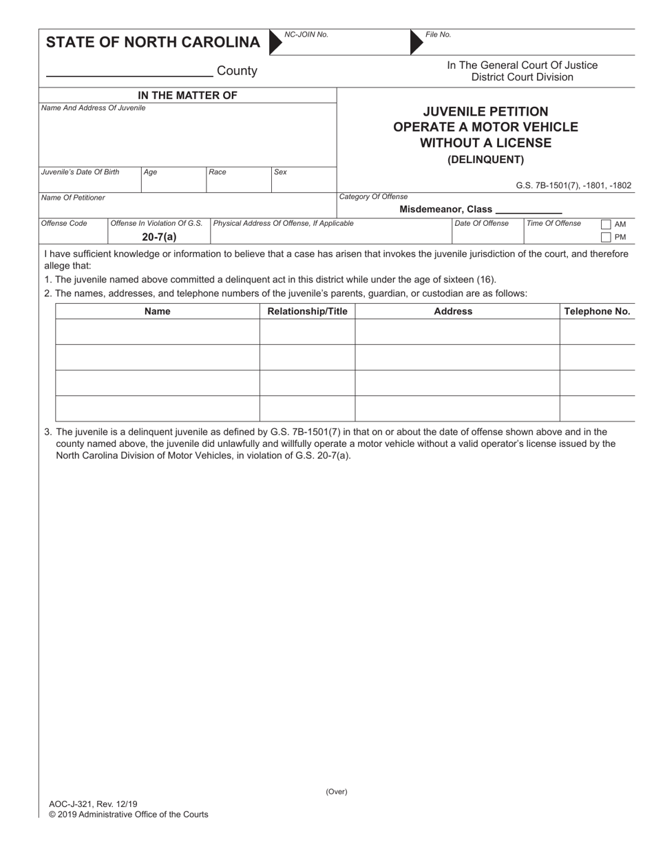 Form AOC-J-321 Juvenile Petition Operate a Motor Vehicle Without a License (Delinquent) - North Carolina, Page 1