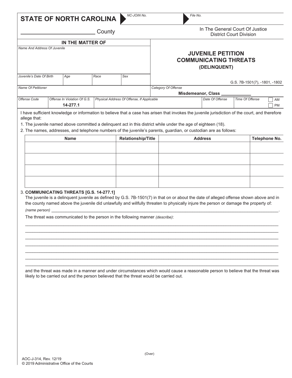 Form AOC-J-314 Juvenile Petition Communicating Threats (Delinquent) - North Carolina, Page 1