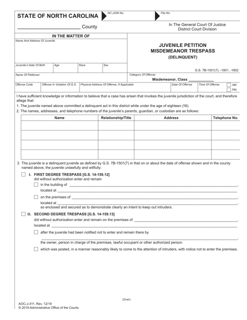 Form AOC-J-311 Juvenile Petition Misdemeanor Trespass (Delinquent) - North Carolina
