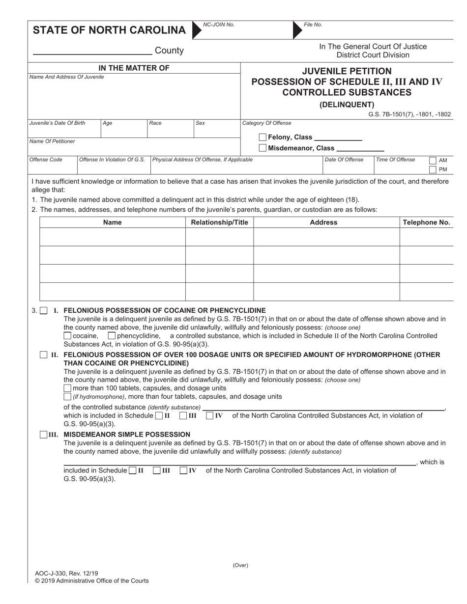 Form AOC-J-330 Juvenile Petition Possession of Schedule II, Iii and IV Controlled Substances (Delinquent) - North Carolina, Page 1