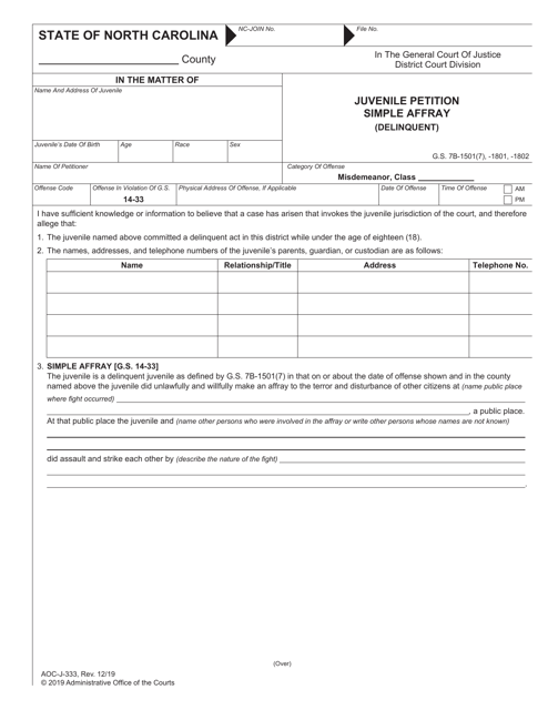 Form AOC-J-333 Juvenile Petition Simple Affray (Delinquent) - North Carolina