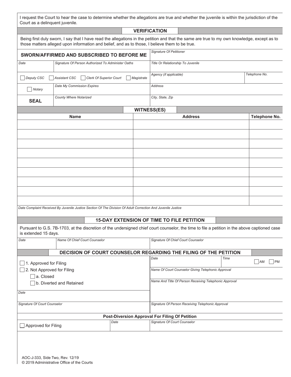 Form AOC-J-333 Juvenile Petition Simple Affray (Delinquent) - North Carolina, Page 2