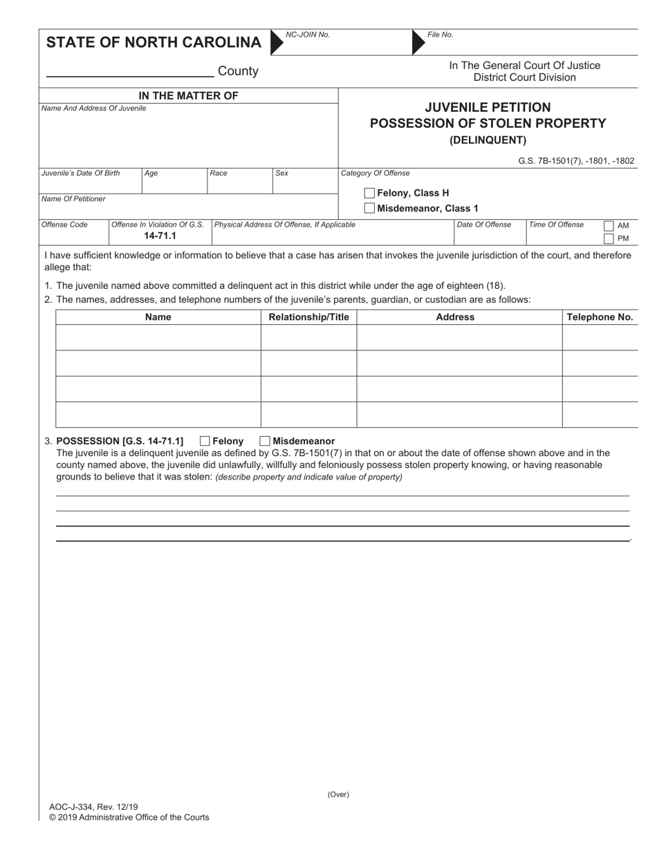 Form AOC-J-334 Juvenile Petition Possession of Stolen Property (Delinquent) - North Carolina, Page 1