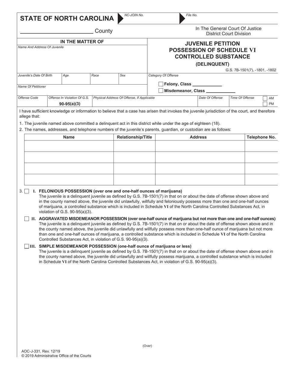 Form AOC-J-331 Juvenile Petition Possession of Schedule VI Controlled Substance (Delinquent) - North Carolina, Page 1