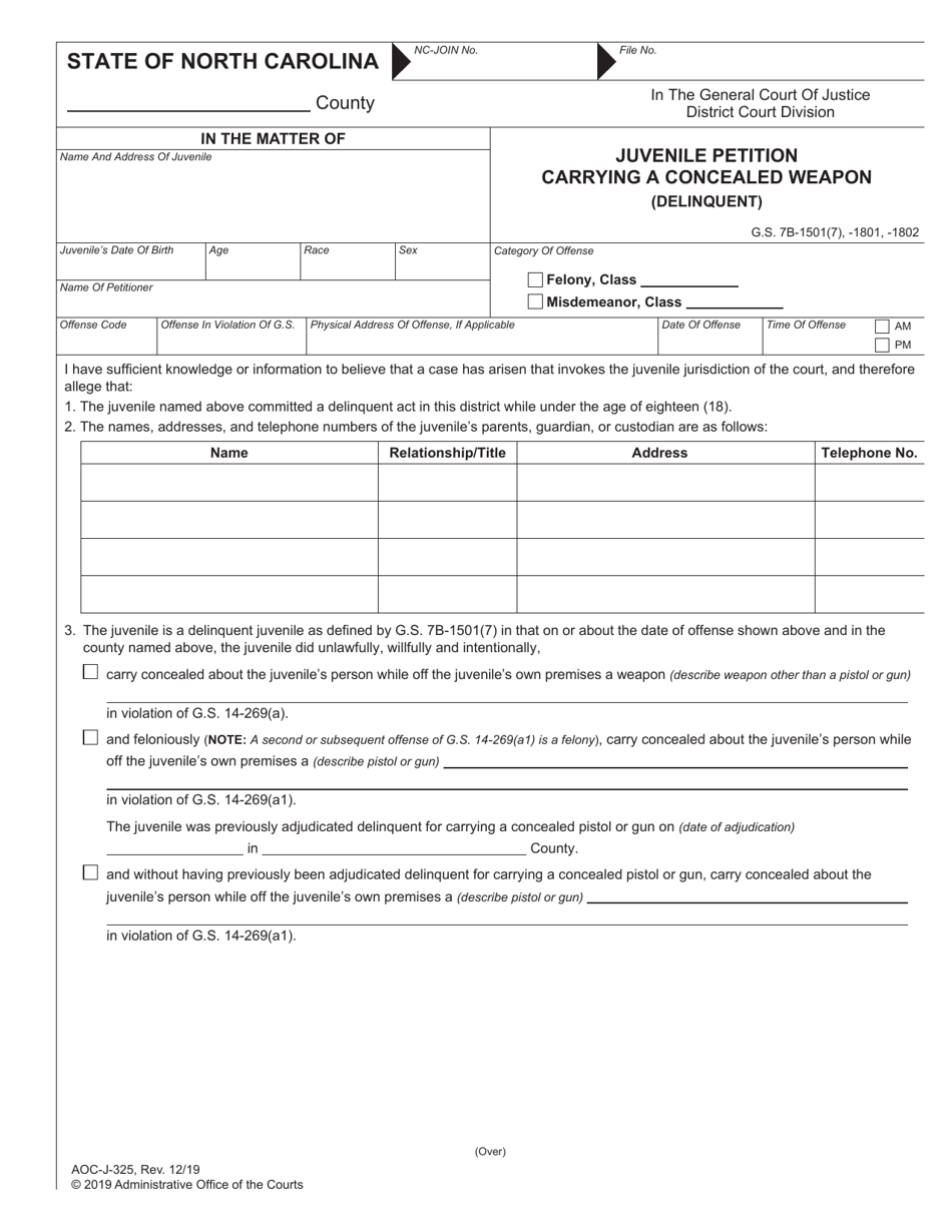 Form AOC-J-325 Juvenile Petition Carrying a Concealed Weapon (Delinquent) - North Carolina, Page 1