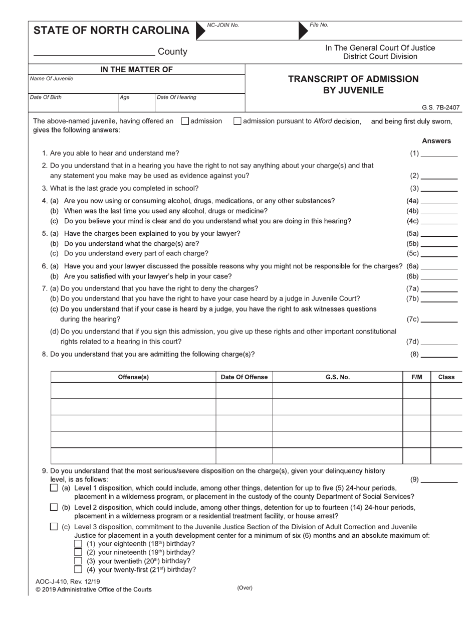 Form AOC-J-410 Transcript of Admission by Juvenile - North Carolina, Page 1