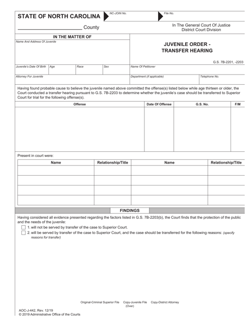 Form AOC-J-442 Juvenile Order - Transfer Hearing - North Carolina