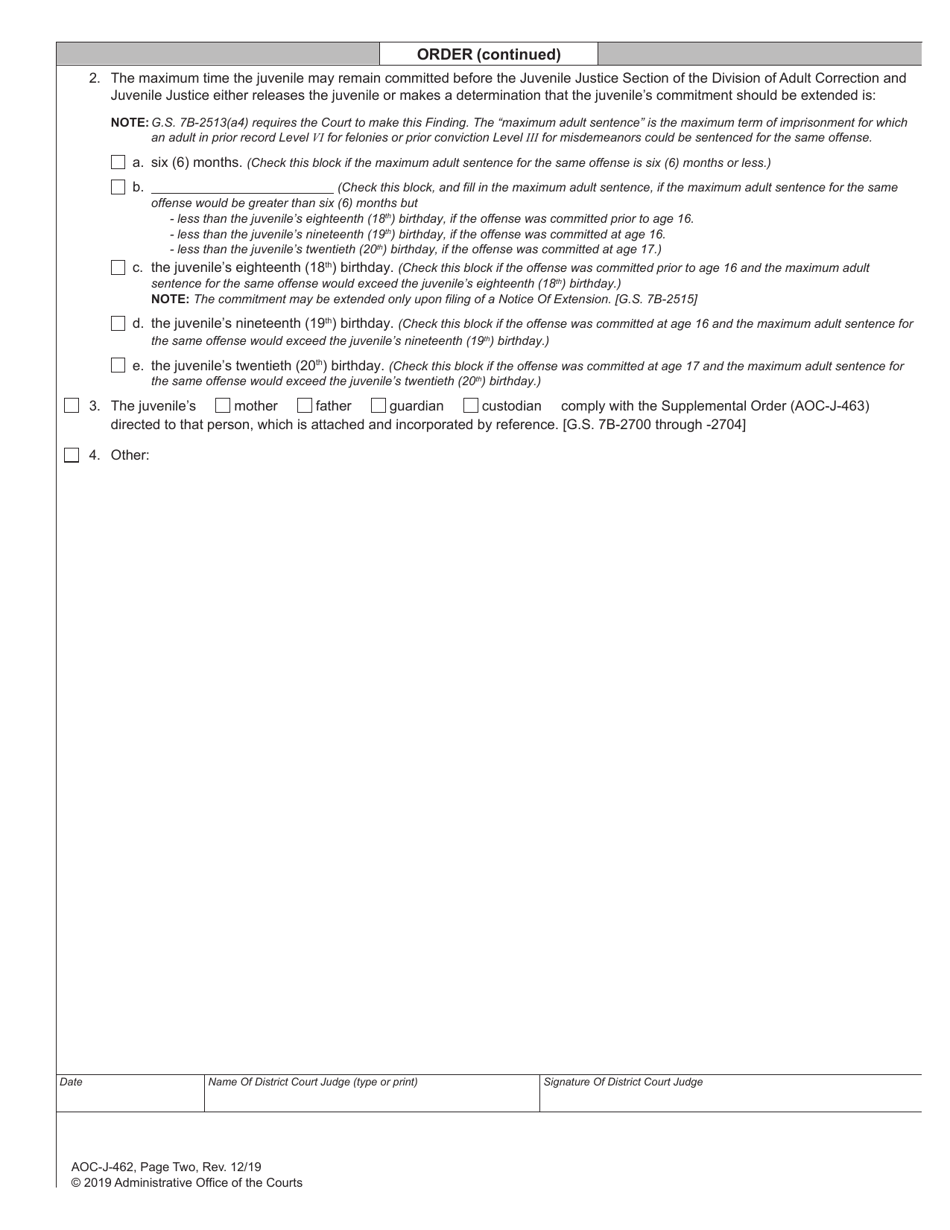 Form AOC-J-462 Juvenile Level 3 Disposition and Commitment Order (When Delinquent Offense Is the Basis of the Commitment) - North Carolina, Page 3