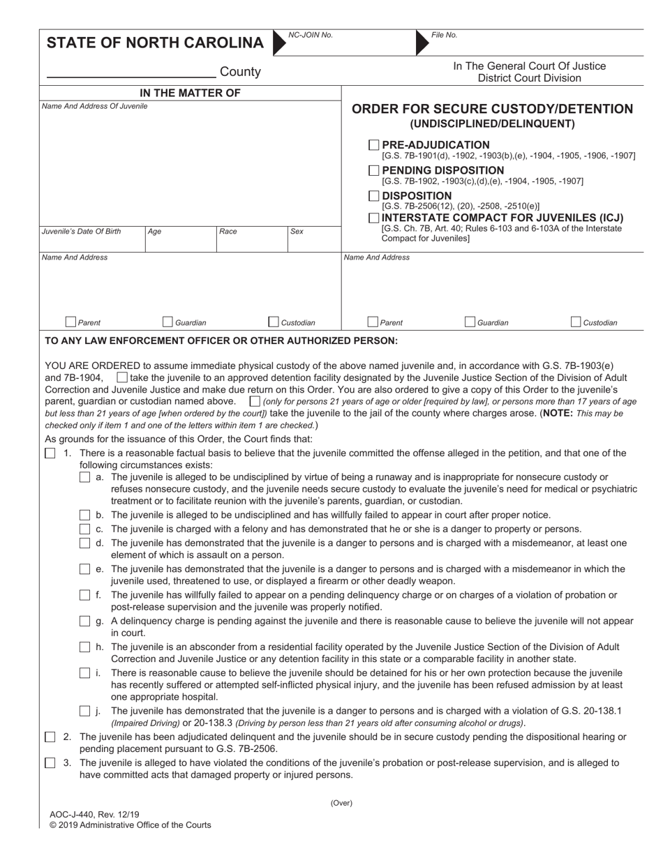 Form AOC-J-440 Order for Secure Custody / Detention (Undisciplined / Delinquent) - North Carolina, Page 1