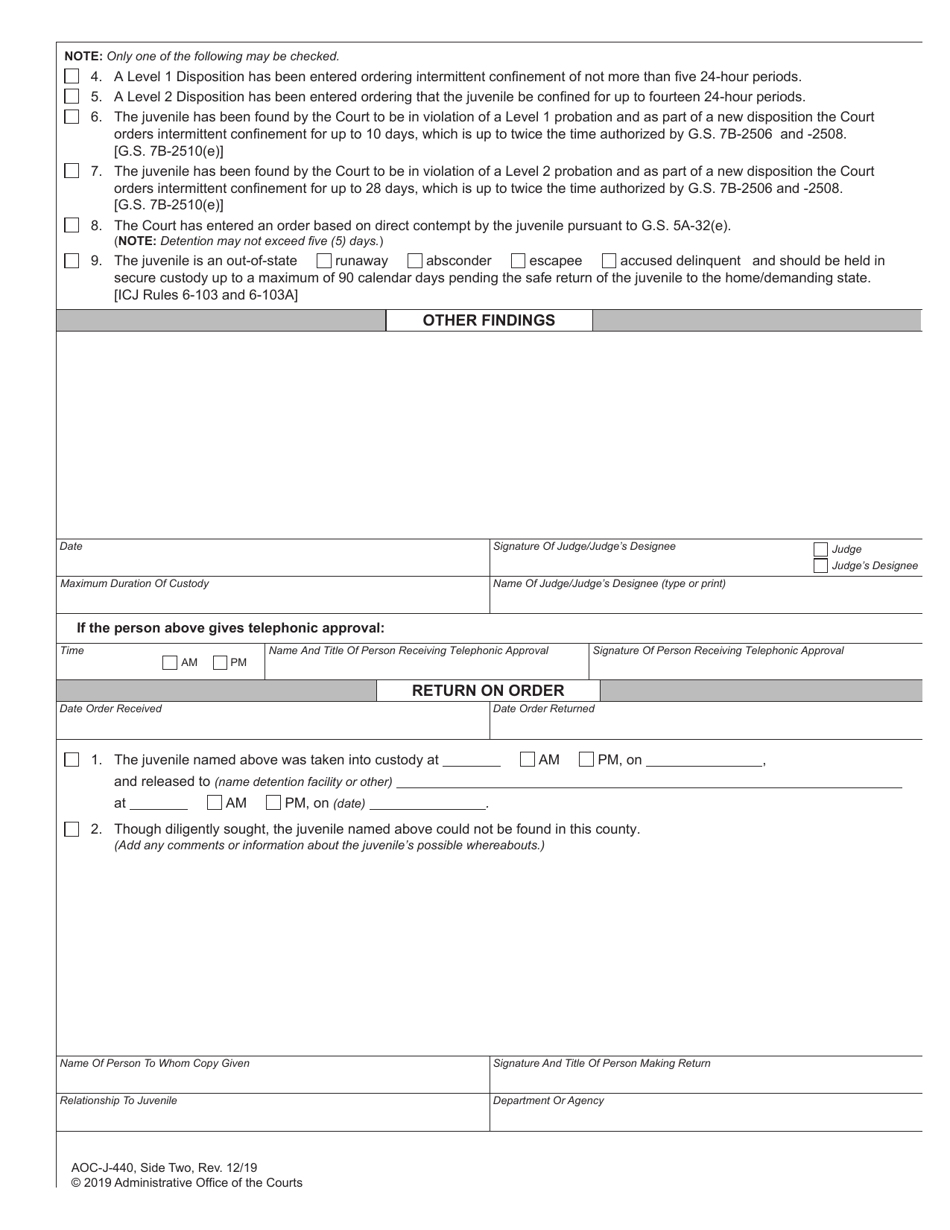 Form AOC-J-440 Order for Secure Custody / Detention (Undisciplined / Delinquent) - North Carolina, Page 2