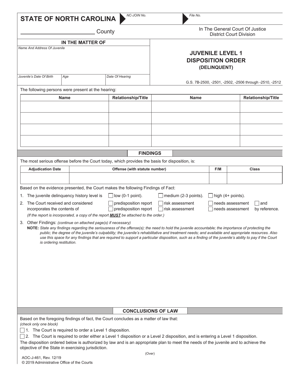 Form AOC-J-461 Juvenile Level 1 Disposition Order (Delinquent) - North Carolina, Page 1