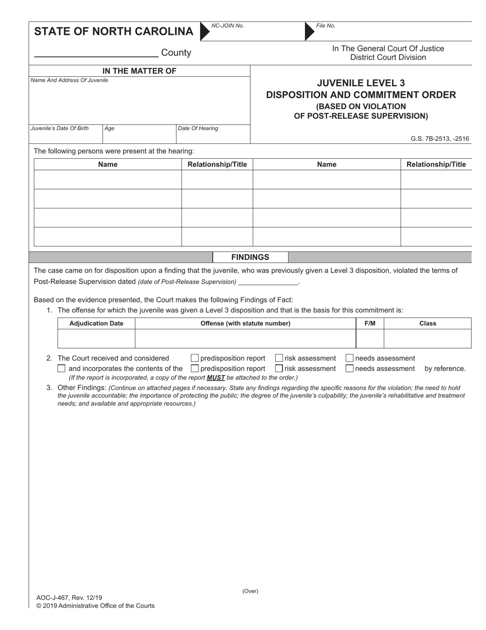 Form AOC-J-467 Juvenile Level 3 Disposition and Commitment Order (Based on Violation of Post-release Supervision) - North Carolina, Page 1