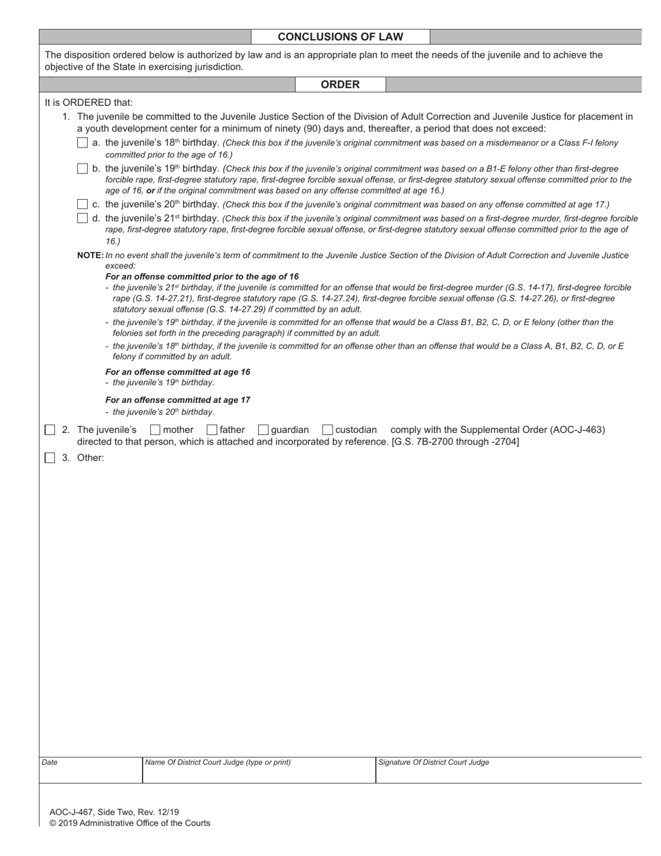 Form AOC-J-467 Juvenile Level 3 Disposition and Commitment Order (Based on Violation of Post-release Supervision) - North Carolina, Page 2