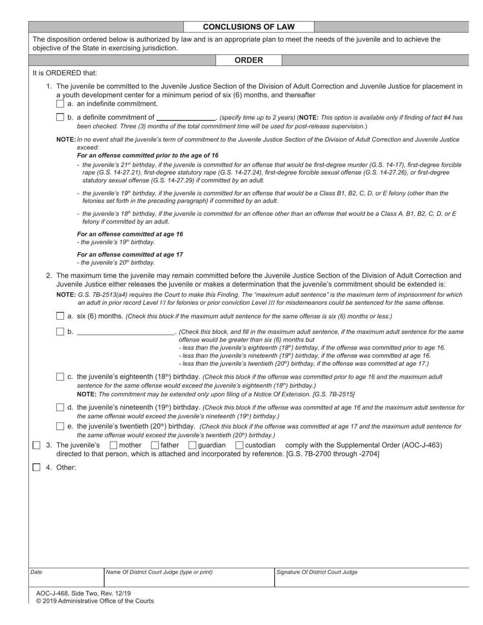 Form AOC-J-468 Juvenile Level 3 Disposition and Commitment Order (Based on Violation of Probation) - North Carolina, Page 2