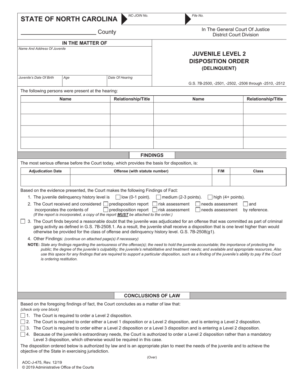 Form AOC-J-475 Juvenile Level 2 Disposition Order (Delinquent) - North Carolina, Page 1