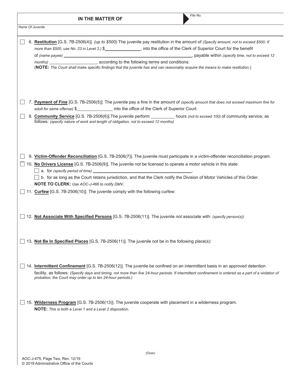 Form AOC-J-475 Juvenile Level 2 Disposition Order (Delinquent) - North Carolina, Page 3