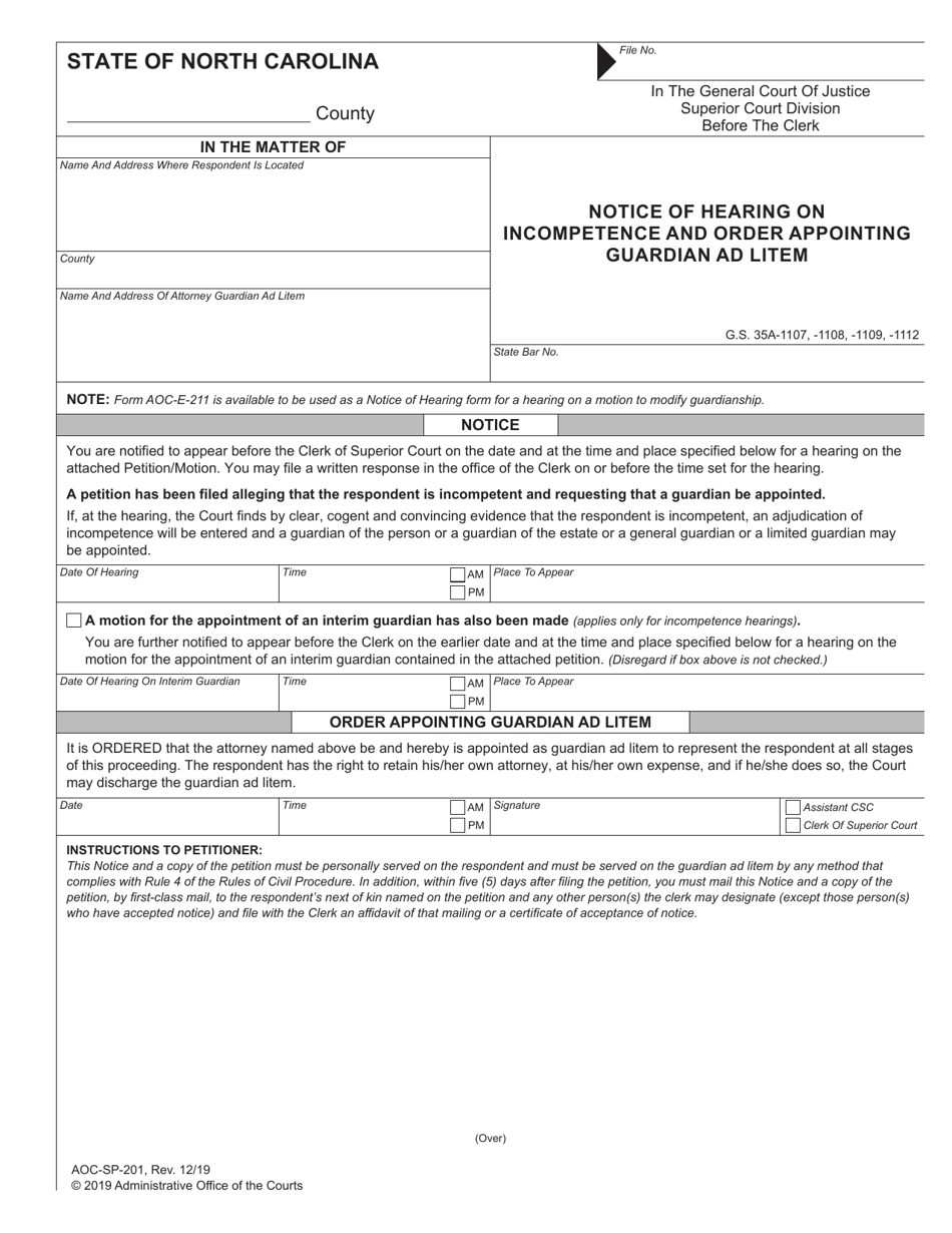 Form AOC-SP-201 Notice of Hearing on Incompetence and Order Appointing Guardian Ad Litem - North Carolina, Page 1