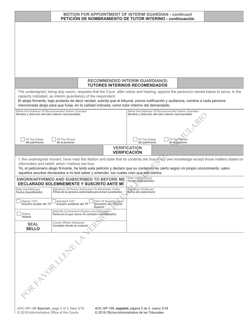 Form AOC-SP-198 Motion for Appointment of Interim Guardian - North Carolina (English / Spanish), Page 2