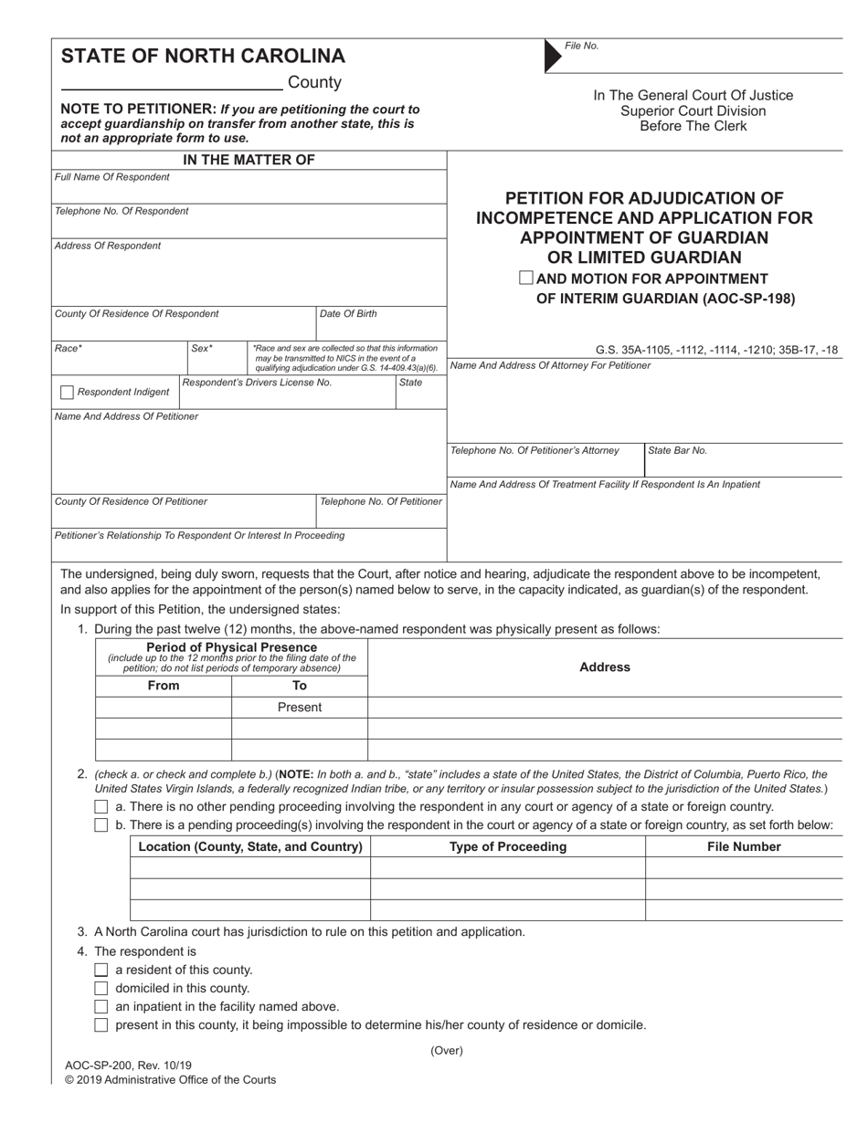 Form AOC-SP-200 Petition for Adjudication of Incompetence and Application for Appointment of Guardian or Limited Guardian - North Carolina, Page 1