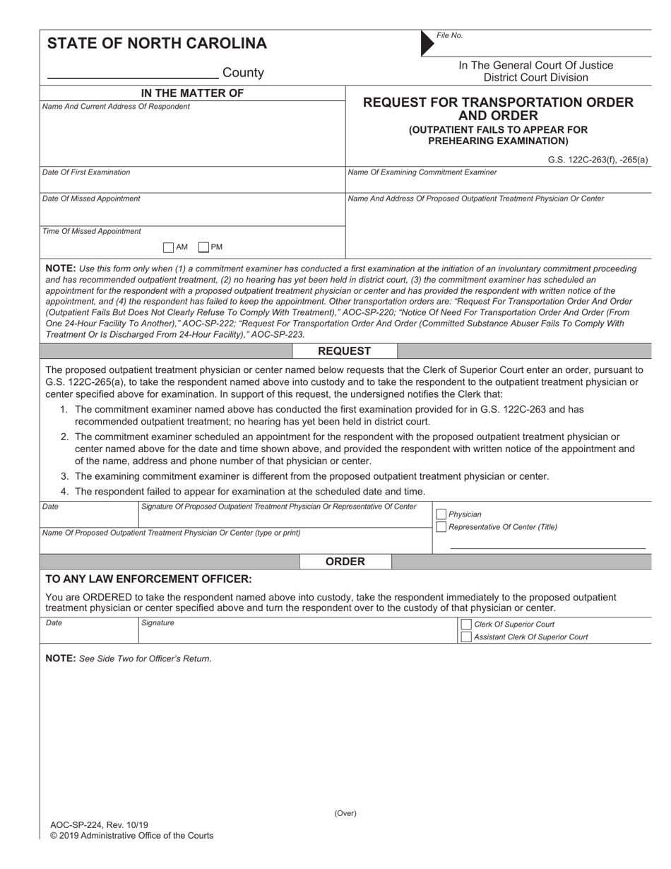 Form AOC-SP-224 Request for Transportation Order and Order (Outpatient Fails to Appear for Prehearing Examination) - North Carolina, Page 1