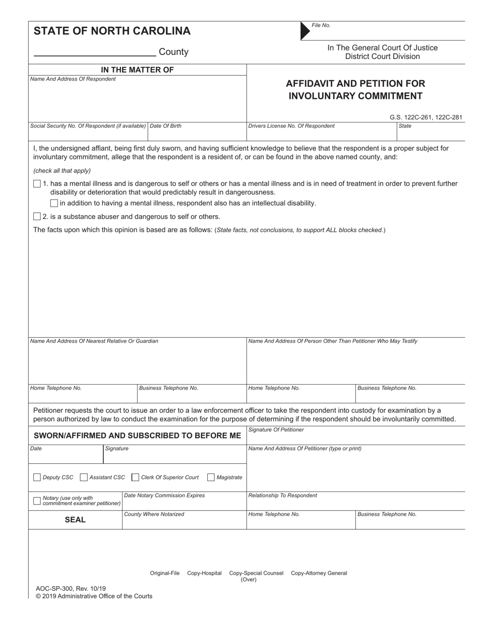 Form AOC-SP-300 Affidavit and Petition for Involuntary Commitment - North Carolina, Page 1