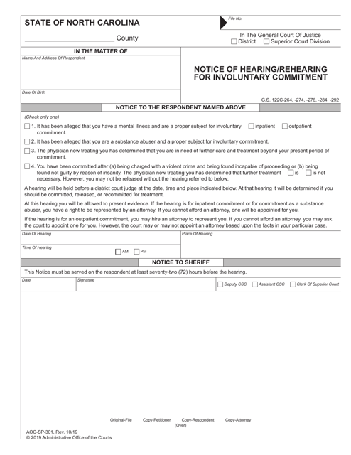 Form AOC-SP-301 Notice of Hearing/Rehearing for Involuntary Commitment - North Carolina