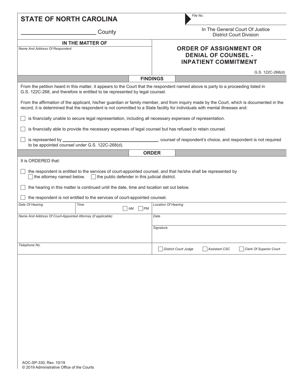 Form AOC-SP-330 Order of Assignment or Denial of Counsel - Inpatient Commitment - North Carolina, Page 1
