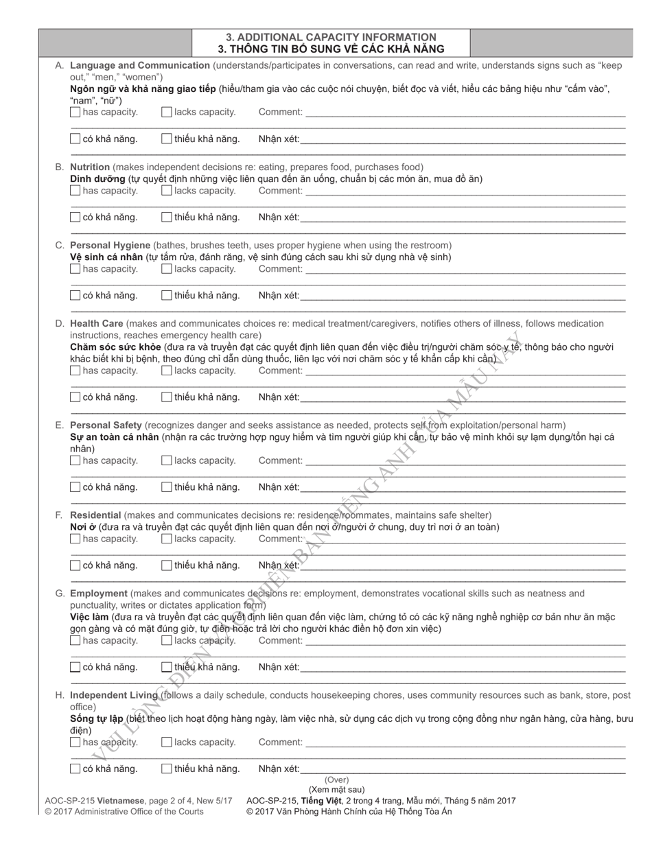 Form AOC-SP-215 Motion in the Cause for Restoration to Competency - North Carolina (English / Vietnamese), Page 2