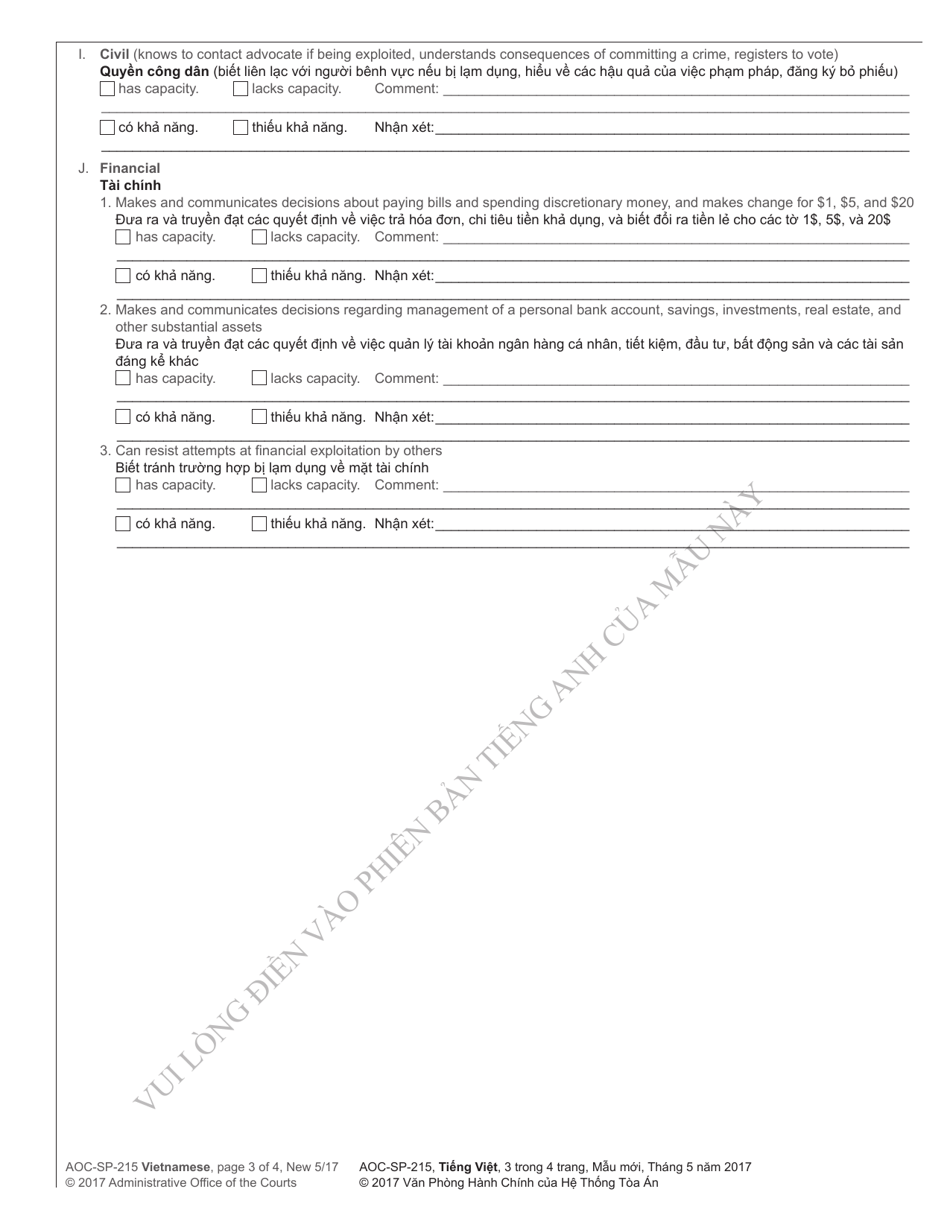 Form AOC-SP-215 Motion in the Cause for Restoration to Competency - North Carolina (English / Vietnamese), Page 3